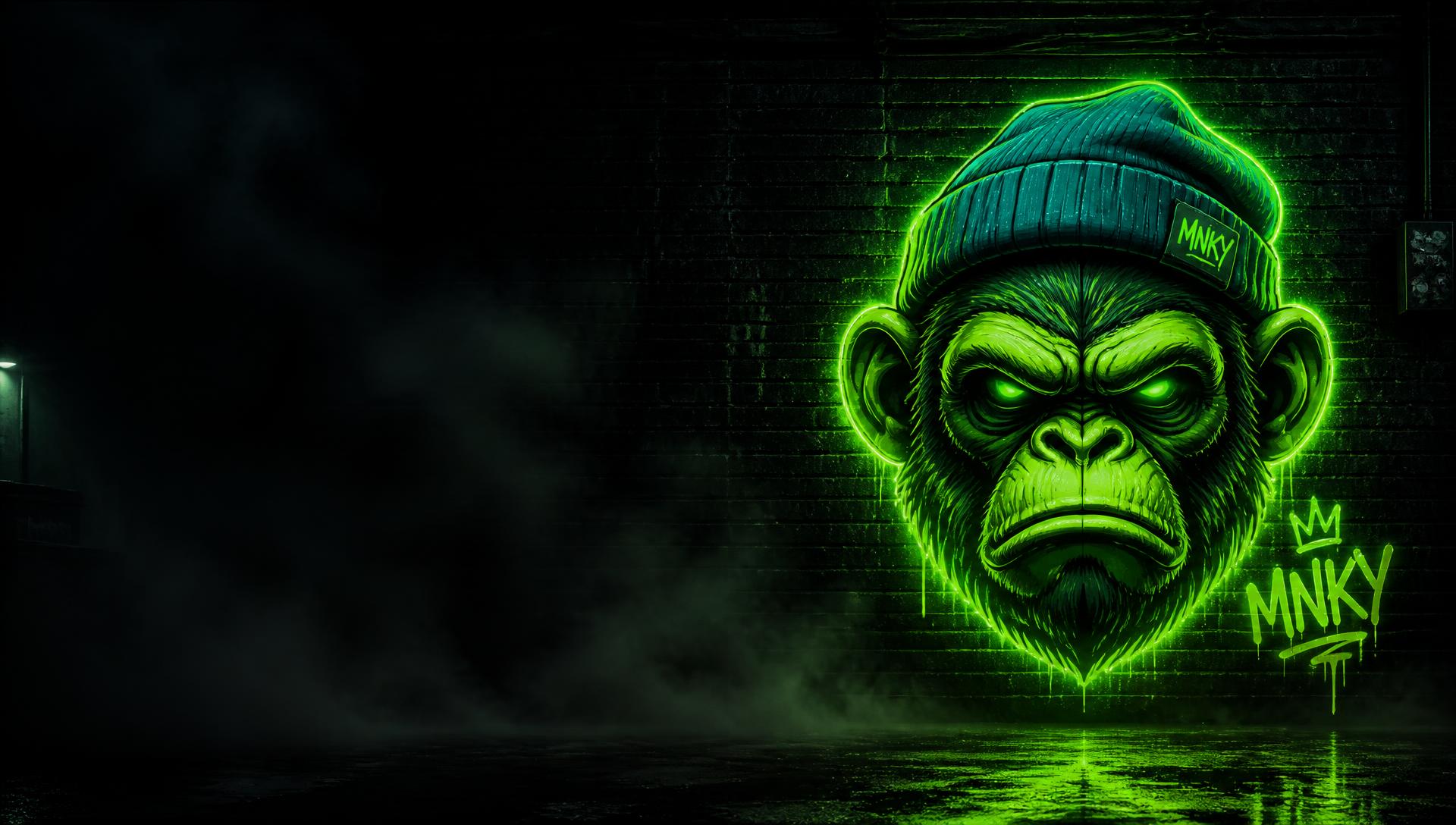 Neon green graffiti monkey mascot glowing on a dark brick wall