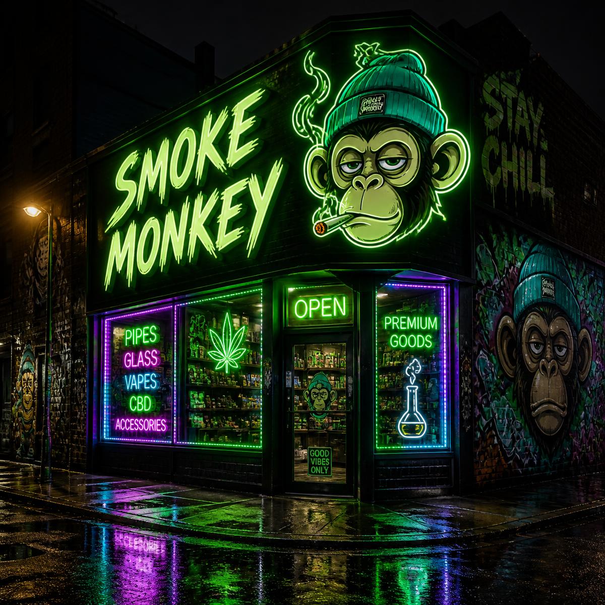 Illustrated neon Smoke Monkey storefront at night with graffiti walls in Long Beach